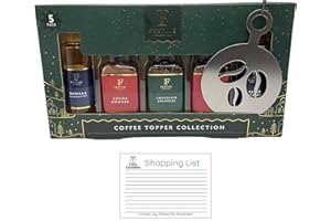 Festive Selection Coffee Topper Collection – Vanilla Syrup, Cocoa Powder, Chocolate Sprinkles, Cinnamon Powder & Salted Caramel Syrup – Includes Gifty Goodness Shopping List