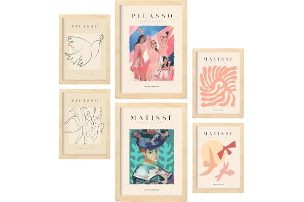 Nacnic Lot de 6 affiches Picasso et Matisse. Corps. Estampes de fauvisme et de surréalisme pour l'aménagement intérieur et la décoration. A3 & A4, cadres en bois.