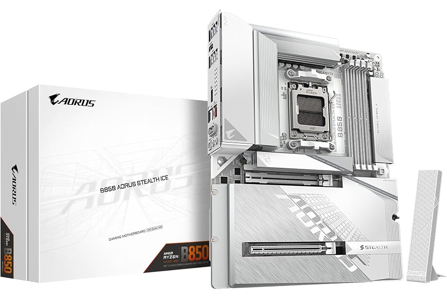 Amazon listing image: GIGABYTE B850 AORUS Stealth ICE AMD AM5 Motherboard, ATX, DDR5, 4X M.2, PCIe 5.0, USB-C,…
