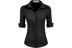 Hotouch Bluzka damska z krótkim rękawem/długim rękawem, krój slim fit, bawełna, bluzka koszulowa, basic, koszulka z listwą guzikową, górna część z dekoltem w serek, XS-XXL