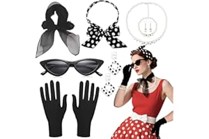 BRYNDO 8 Pcs 50s Costume Accessories Set for Women, Retro 1950s Grease Fancy Dress with Cat Eye Glasses Polka Dot Bandana Tie Headband Earrings Necklace Gloves Bracelet for Ladies 50s Theme Party Supplies