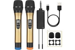 ALPOWL Micrófono inalámbrico, Sistema de micrófono dinámico inalámbrico Dual UHF, micrófono de Karaoke de Mano con Receptor Recargable para Cantar, Iglesia, discurso, Boda, Fiesta