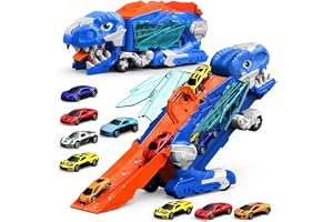 Dinosaurie Lastbil Leksaker med 8 Bilar,Leksaksbilar för Barn över 3,4,5,6,7,8+ år,Garage,Racerbana,Förvandlas till Dinosaurie med Vingar,Transportlastbil,Födelsedagspresenter för Pojkar