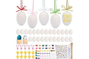IDEALHOUSE 130pcs Easter Eggs Decoration Foam Stickers Set, 50Pcs White Hanging Eggs Ornament with Paints and Glitter Foam Sticker of Bunnies, Easter Crafts for Kids, Home, Painting, DIY Decor