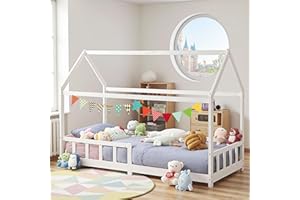 FetiNes letto per bambini 90x190 cm con protezione anticaduta, rete a doghe e tetto - Letto a casetta in Legno di Pino Massiccio per bambini - Letto bianco