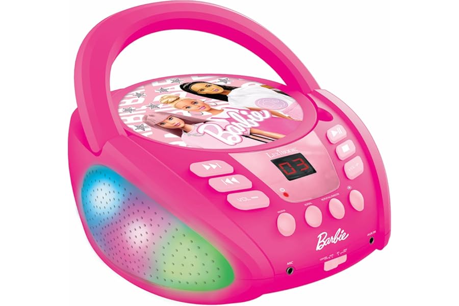 Lexibook - Barbie - Bluetooth CD player for kids – Portable, Multicoloured light effects, Microphone jack, Aux-in jack, AC or battery-operated, Girls, Boys, Pink, RCD109BB