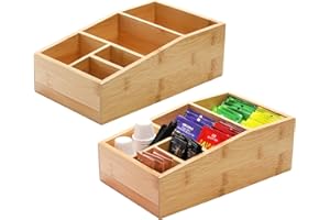 Dicunoy 2 Pack Bamboo Tea Bags Organizer, Wood Coffee Supplies Holder Box, Coffee Condiment Station Storage with 5 Compartments for Sugar Packet, Stirrer, Creamer Singles, Sweetener