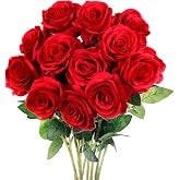 Mocoosy 12 Artificial Silk Red Roses Flowers with Long Stem, Artificial Flowers Fake Roses Bouquet for Weddings Bridal Shower