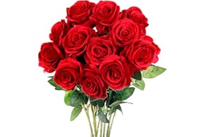 Mocoosy 12PCS Red Artificial Rose Flowers, Silk Roses Single Stem Realistic Fake Rose Bouquet for Wedding Bridal Shower Home Garden Decorations