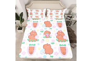 Homewish Kids Cartoon Bed Sheets Single Size Cute Capybaras Bedding Set Capybara Stuffed Animals Fitted Sheet for Boys Girls Teens,Pink Strawberries Flowers Sheets Childish Kawaii Room Decor 2Pcs