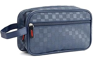 JOPHY & CO. Pochette Uomo da Polso in Pelle, Beauty Case, trousse da viaggio, Borsello piccolo a mano con cinturino (Blu Quadratini)