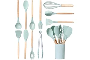 BASVII Set 12 Pezzi Utensili Cucina in Silicone Con Porta Mestoli - Realizzato Con Manici in Legno, Resistenti al Calore e Antiaderenti (Verde)