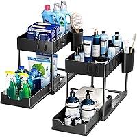 Keukenorganizer voor onder de gootsteen, 2-laags schuifplank voor keuken, opbergplank met 4 haken, multifunctionele organisatie voor keuken, badkamer, onderste uitglijmand, zwart