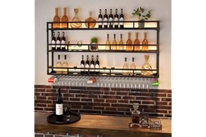‎AMHRICHO amhricho Weinregal Wand, 3 Ebenen Wand-Weinregale mit Glashalter, Multi funktionaler Weinpareite Display Rack,Weinflaschenhalter Wandmontage, für Zuhause, Bar, Küche, Restaurant (BLACK, 120*25*90cm)