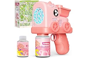 Panamalar Camión Dinosaurio Pistola de Burbujas para Niños, Máquina de Burbujas de Jabón 10000+ Burbujas, 10 Agujeros Pistola de Pompas con con Luci/Solución para Fiestas Al Aire Libre Boda, Rosa