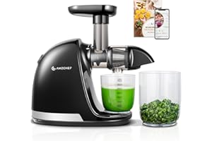 ‎AMZCHEF AMZCHEF Entsafter Gemüse und Obst Testsieger - Entsafter Slow Juicer mit Rückwärts-Kau-Funktion - Zartes Zerkleinern ohne Filtern - Saftpresse Elektrisch mit Bürste und 2 Tassen - Mattschwarz