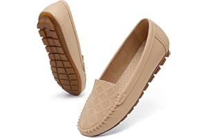 Wuyaraymia Mocasines para Mujer Cuero Deslizamiento El Diseño De Enca Zapatos con Suela De Caucho Beige