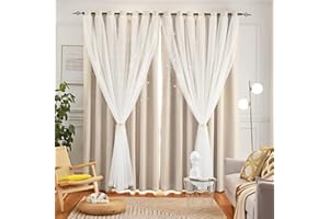 Loyala Tende con motivo stelle, a doppio strato, per camera da letto, tende per bambini, lunghe 274 cm, set da 2 pannelli, beige, 107 x 274 cm