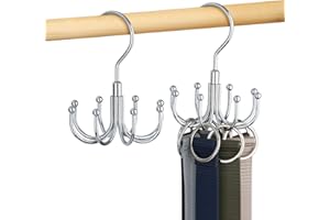 OMHOMETY 2 Pack Belt Hanger for Wardrobe, Swiveling Belt Organizer with 16 Hooks, Holds up to 48 Belts, Metal Space-Saving Belt Rack Tie Storage, Silver