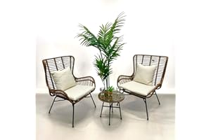 DIRECT FURNITURE DEALS Pretzel Chairs - Pre Assembled - Rattan Brown Bistro Set with Glass-Topped Coffee Table, 3 Piece Outdoor Wicker Patio Furniture Set