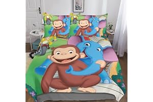 Entemah Curious George Set Di Biancheria Da Letto 3 Pezzi 3D, Anime carino Copripiumino in Microfibra Con Cerniera, Piumone Morbida Con Federe Ragazzi Ragazze Bambini Double（200x200cm）