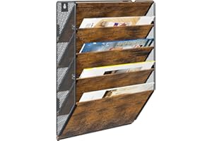 PAG 5 Tier Wall Hanging File Holder,Metal Wooden Magazine Magazine Rack A4 Paper Organiser, Wall Mounted Document Storage Organizer For Office Home School,Brown