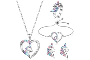 FANTESI 5 Stück Einhorn Halskette Armband für Mädchen Einhorn Ring Ohrringe Herz Halskette Kinderschmuck Set mit Präsentkarton für Kindern Tochter