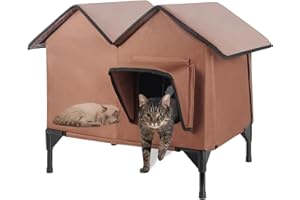 UNKJIN Outdoor Waterproof Cat House, Large Cat Shelter, Pet House with Elevated Base and Cushion, Feral Cat Kennel for Multiple Cats and Small Dogs (Brown)