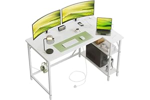 DOMSHOCT 120 * 70cm Corner Computer Desk with Power Outlets, Small L Shaped Gaming Table with Large Reversible Storage Shelves, Home Office PC Workstation with Hooks for Writing Study, White