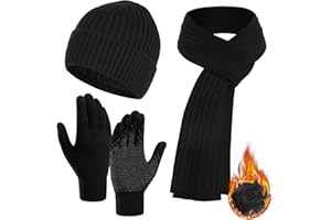 Geebuzz 3 Pcs Winter Hat Scarf Gloves for Men Women Warm Fleece Knit Beanie Hat Touchscreen Gloves Neck Scarf Gifts for Men