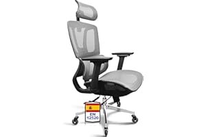 MELOKEA Silla de Oficina Ergonómica, Reposabrazos 4D, Profundidad de Asiento Ajustable, Ruedas de Goma, Inclinación de 4 Niveles, Silla de Escritorio 150 KG, Asientos de Malla (Gris)