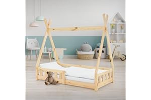 ML DESIGN MODERN LIVING ML-Design Cama Infantil Tipi 70x140cm con Protección Anticaída y Somier Estructura Listones de Madera de Pino Maciza Color Natural Lecho de Suelo Forma de Casa Mobiliario Juego Tienda de Campaña Niños