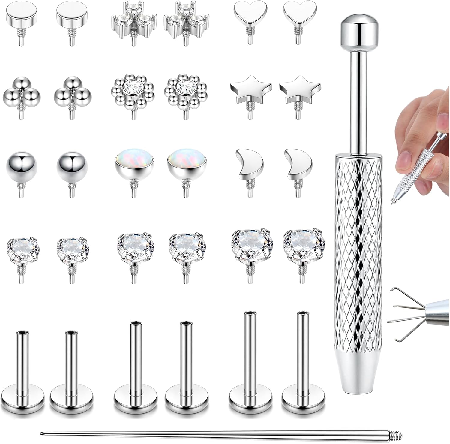 ADRAMATA 16G/18G Labret Piercing Jewellery Surgical Steel Internally Threaded Tragus Stud CZ Flat Back Earrings Lip Bar Tragus Helix Cartilage Conch Nose Piercing 6/8/10MM