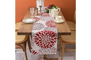 CHEEKYWARES Caminos de Mesa Moderno 33x183cm Corredor de Mesa Lino Largo Floral Rojo y Gris Dalia Primavera Verano Rústica Decoración Mesa Comedor Cocina Granja Tocador Fiesta Mesa de Café
