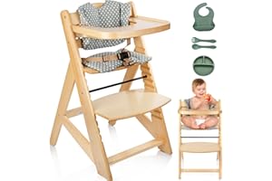 P PARVULÍ PARVULI Trona Bebe Madera con Cojín, Vajilla de Silicona y Babero - Trona Evolutiva Bebe de 6 meses a 12 años - Silla para Comer Bebe con Bandeja - Tronas de Bebe para Mesa, Comedor de 80x58x48cm