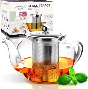 AckMond 600 ml Clear Glass Teapot in Apple Shape with Heat Resistant Stainless Steel Infuser (600 ml)