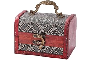 CALFOVERA Small Vintage Wooden Treasure Chest Retro Pirate Treasure Keepsake Box Mini European Decorative PU Leather Jewelry Stroage Cases with Handle for Jewelry Pearl Trinkets Birthday Gifts