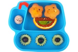 NOHLERLIFE Piastra di aspirazione in silicone per i più piccoli, per auto alimentazione, piatto diviso e ciotola per bambini e bambini, adatto per la maggior parte dei vassoi di seggioloni (escavatore-cielo)