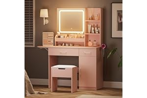 Dowinx Dressing Table with Full-Length Mirror, 3 LED Lights, Built-in Power Outlet, 3 Drawers, 7 Shelves, Storage Stool, Pink - Ideal for Bedroom or Bathroom Makeup Vanity