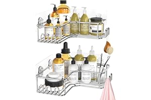 Cosicosy Corner Shower Shelf, Adhesive Bathroom Corner Shelf with 12 Built-in Hooks, Wall Mounted Corner Kitchen Shelf Shower Caddy Bathroom Accessories Storage Organizer No Drilling - 2 Pack, Silver
