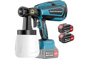 Ozonlife Pistolet a Peinture Electrique sans Fil,2 Piles 21V 3000mAh,5 Buses en cuivre et 3 Modes de pulvérisation pour Les Meubles la clôture Les Murs Les Portes Les chaises de Jardin, etc.