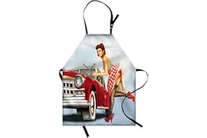 ABAKUHAUS Pin up Girl fartuch kucharski, dziewczynka w stylu retro z wzorem w kropki, mocowanie klasyczne czerwone amerykańskie samochody, regulacja wysokości, wyraźne kolory bez blaknięcia, niebiesko-czerwony