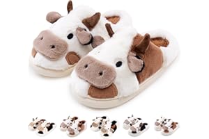 Exceligen Cow Slippers for Women and Men Fuzzy Cute Animal Slippers Winter Warm Cozy House Ladies Slippers Soft Thick Sole Novelty Shoes Fluffy Home Sliders for Girls and Boy