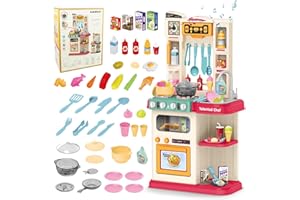 KalaDuck Kids Play Kitchen Toy, Multifunctional Kitchen Playset with Cooking Stove, Steam, Play Sink, Sounds, Light and Kitchen Accessories, 65PCS Pretend Play Kitchen Toy Gift for Boys Girls (Pink)