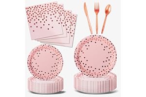 Nkaiso Party Tableware 144 Pieces Pink and Rose Gold Kids Birthday Party Plates Party Supplies Set Includes Paper Plates Napkins Cutlery for Birthday Decorations Christening Wedding Shower-24 Guests