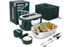 SOKTNEU Gamelle Chauffante 60W 3 en 1 Haute Puissance Lunch Box Electrique Isotherme Chauffante 220V 24V 12V 1.5L Acier Inoxydable Portable Boîte Chauffante Repas pour Voiture Camion Bureau Travail