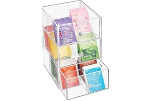 mDesign Kitchen Organiser with 3 Drawers – Storage Box for Tea Bags, Coffee Capsules, Sweeteners and More – Plastic Tea Chest with 18 Compartments – Clear