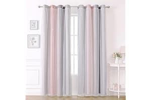 KAHEAUM Rideaux Chambre,Lot de 2 Rideau Occultant Thermique avec Voilage Double Draperies Motif d'Etoiles Perforée à Oeillets Décoration de Fenêtre Maison pour Fille Enfant,L132 x H213 cm,Rose Gris