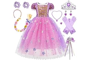 Timesun Puffärmel Angels Prinzessin Rapunzel Kostüm Kleid für Mädchen Kinder, Halloween Karneval Party Verkleidung Perücken, Kronen, Zepter, Ketten, Ringe, Ohrringe, Handschuhe