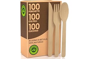 BACIATO CAFFÈ Set Posate Ecologiche Monouso in Legno di Betulla - 100 Forchette + 100 Coltelli + 100 Cucchiai - Usa e Getta 100% Naturali Biodegradabili Compostabili
